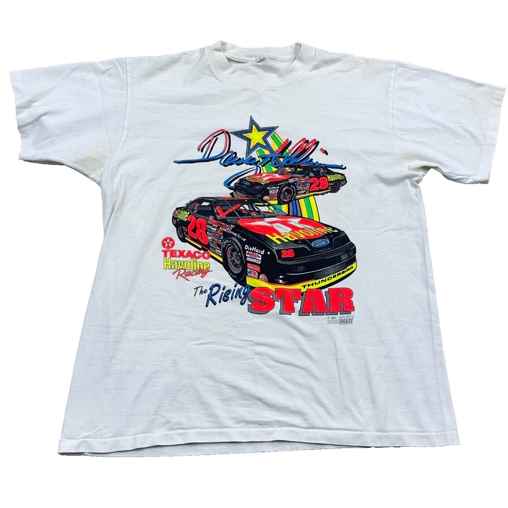 Vintage Davy Allison Shirt Men Large White Tee 90s Single Stitch Nascar Havoline
